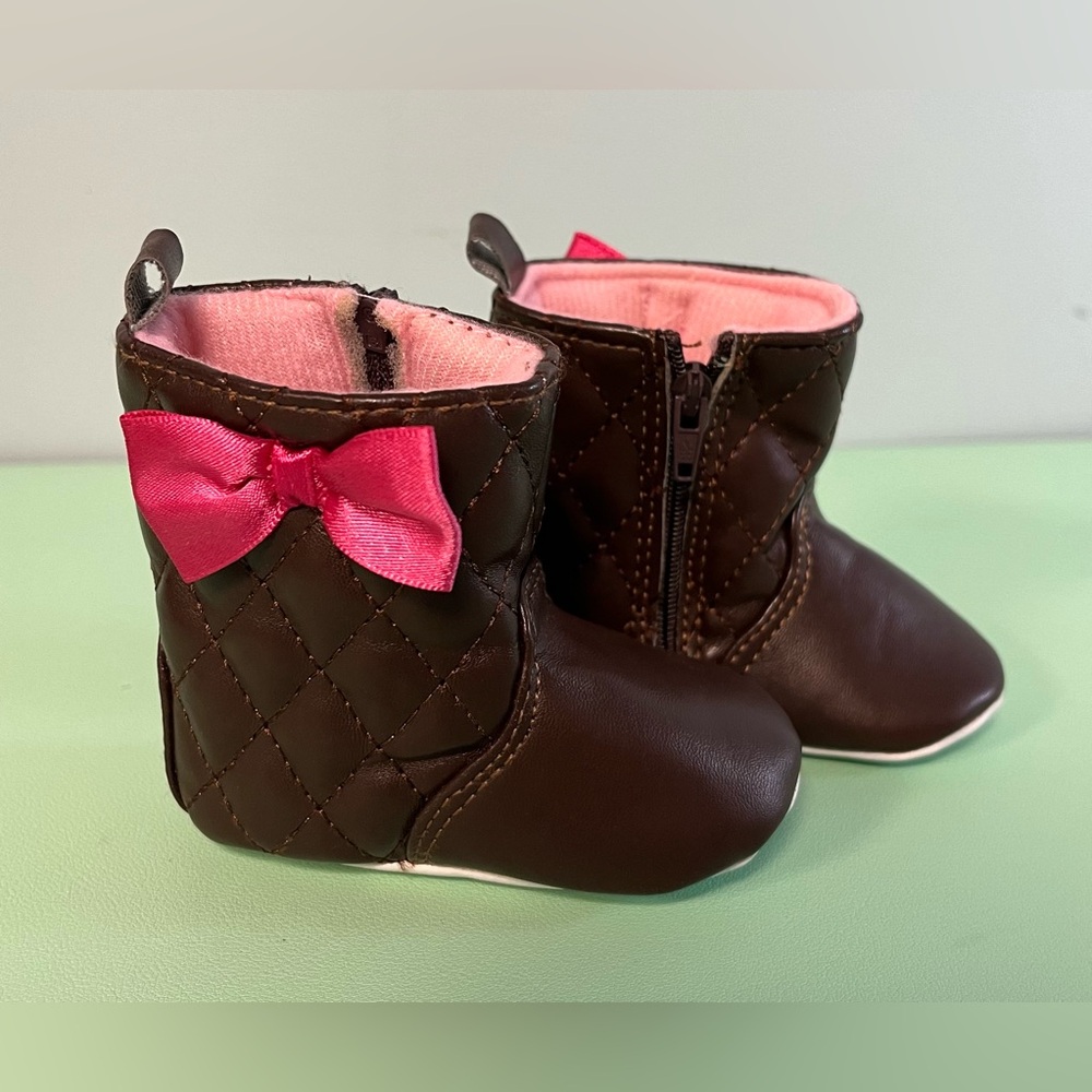 Luvable Friends Brown Baby Girl Booties, Baby Size 0-6months, Baby First Shoes